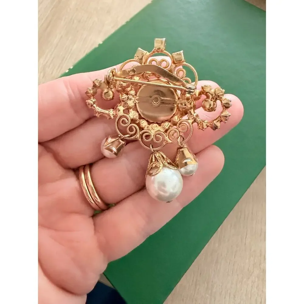 Vintage Gold Faux Pearl and Amber Rhinestone Brooch